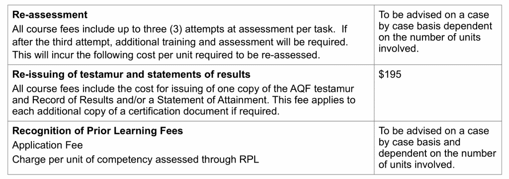 Australian Security Academy – Fees and charges table